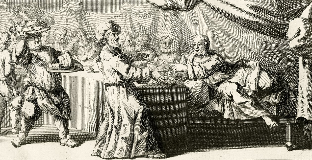 Jesus invited to dinner with the Pharisee (illustration from the Gospel of Saint Luke, chapter 11:37, 1728) by Gabriel Francois Louis Debrie