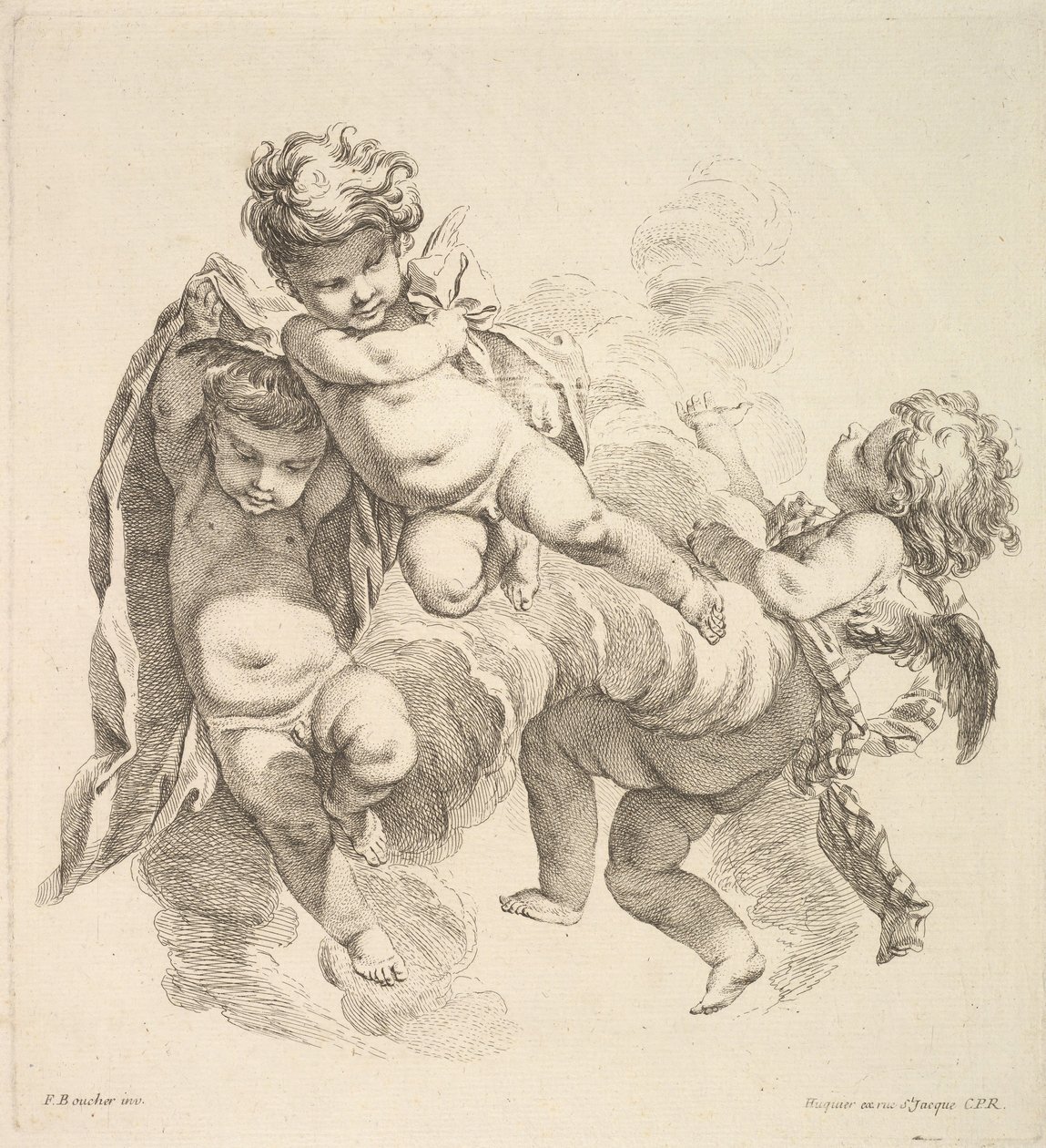 Three Children Among Clouds Carrying a Drapery by Gabriel Huquier