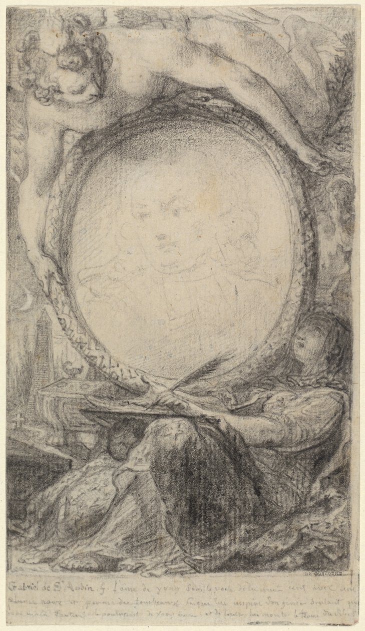 Allegorical Frame with a Genius and a Veiled Woman Writing by Gabriel Jacques de Saint Aubin
