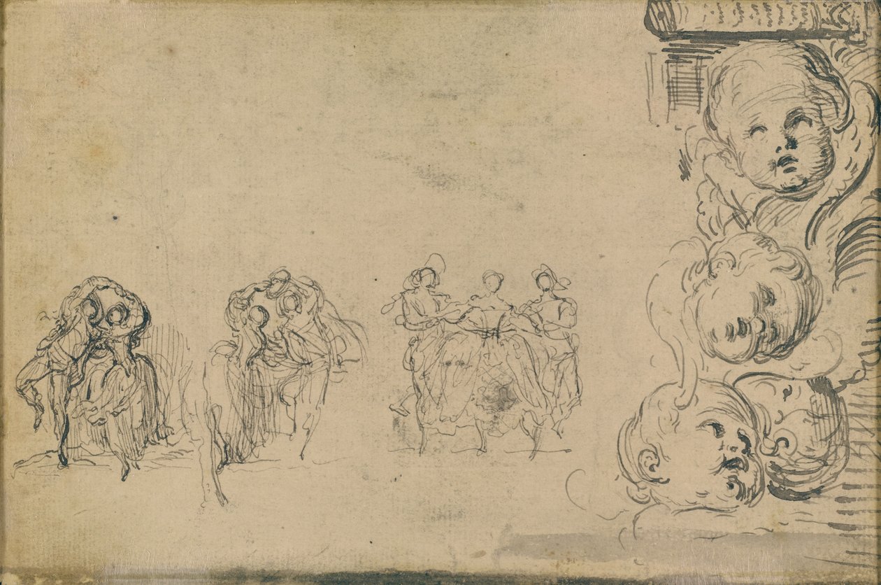 Sketches of Dancers and Heads of Putti by Gabriel Jacques de Saint Aubin