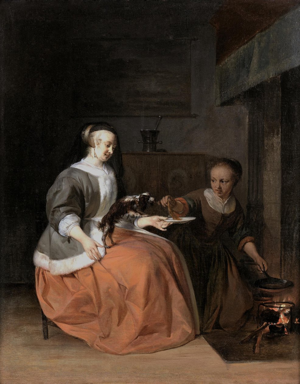 Young Woman and Maidservant Feeding a Pancake to a Dog by Gabriel Metsu