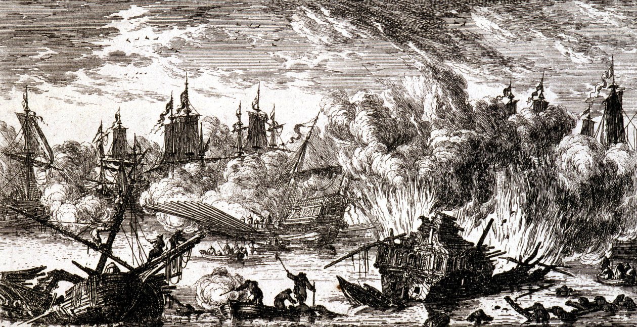 Naval battle - engraving by Gabriel Perelle