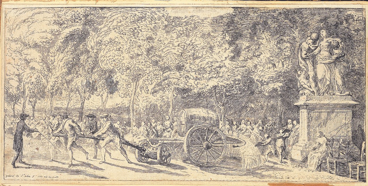 Figures pulling a barrel on a trolley in the Tuileries Gardens, 1760 by Gabriel de Saint-Aubin