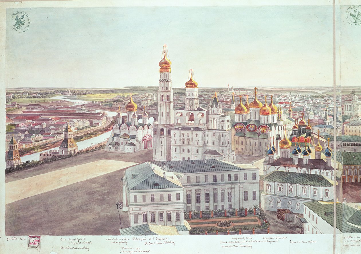 Panorama of Moscow, detail of the Kremlin cathedrals, 1819 by Gadolle
