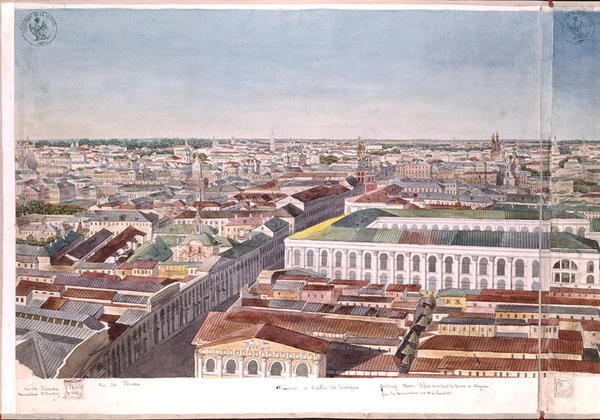 Panorama of Moscow, depicting the former market square and Stock Exchange in Gostiny Dvor, 1819 by Gadolle