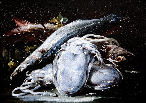 Squid, Grey Mullet and Red Mullet resting on a Stone Ledge by Gaetano Cusati