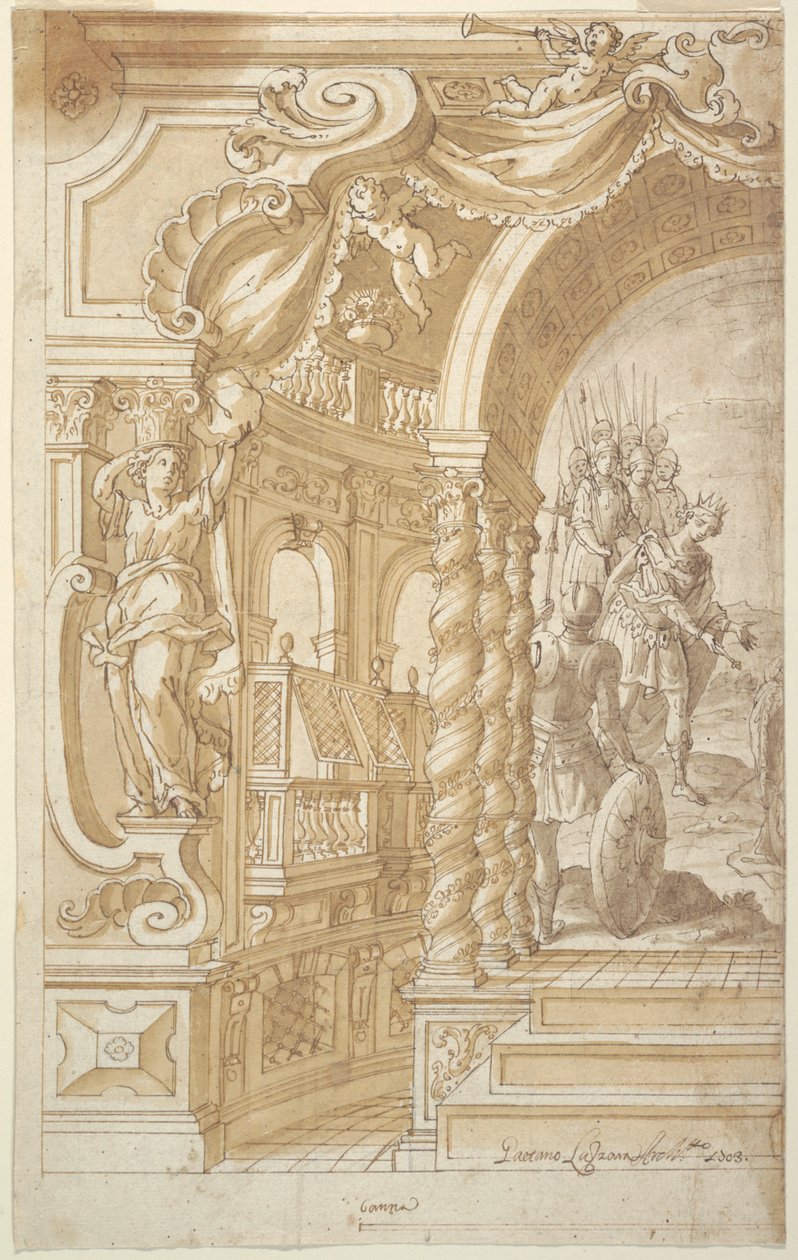 Design for an Illusionistic Wall Decoration, with a King Accompanied by Soldiers by Gaetano Lazzara