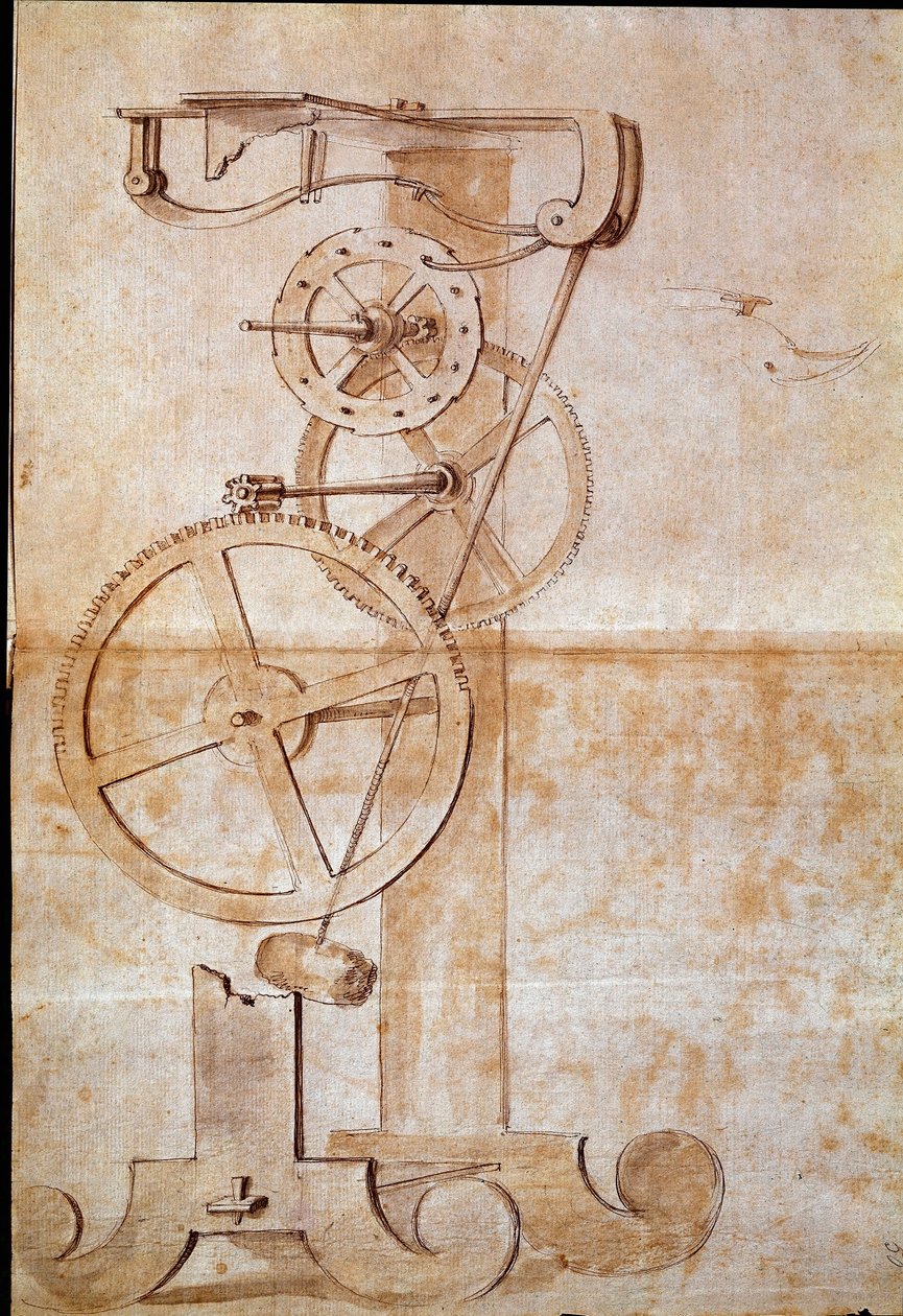Clock a weighing pendulum studied by Galileo Galilei in 1638 to measure time. Drawing. Florence, National Library by Galileo Galilei