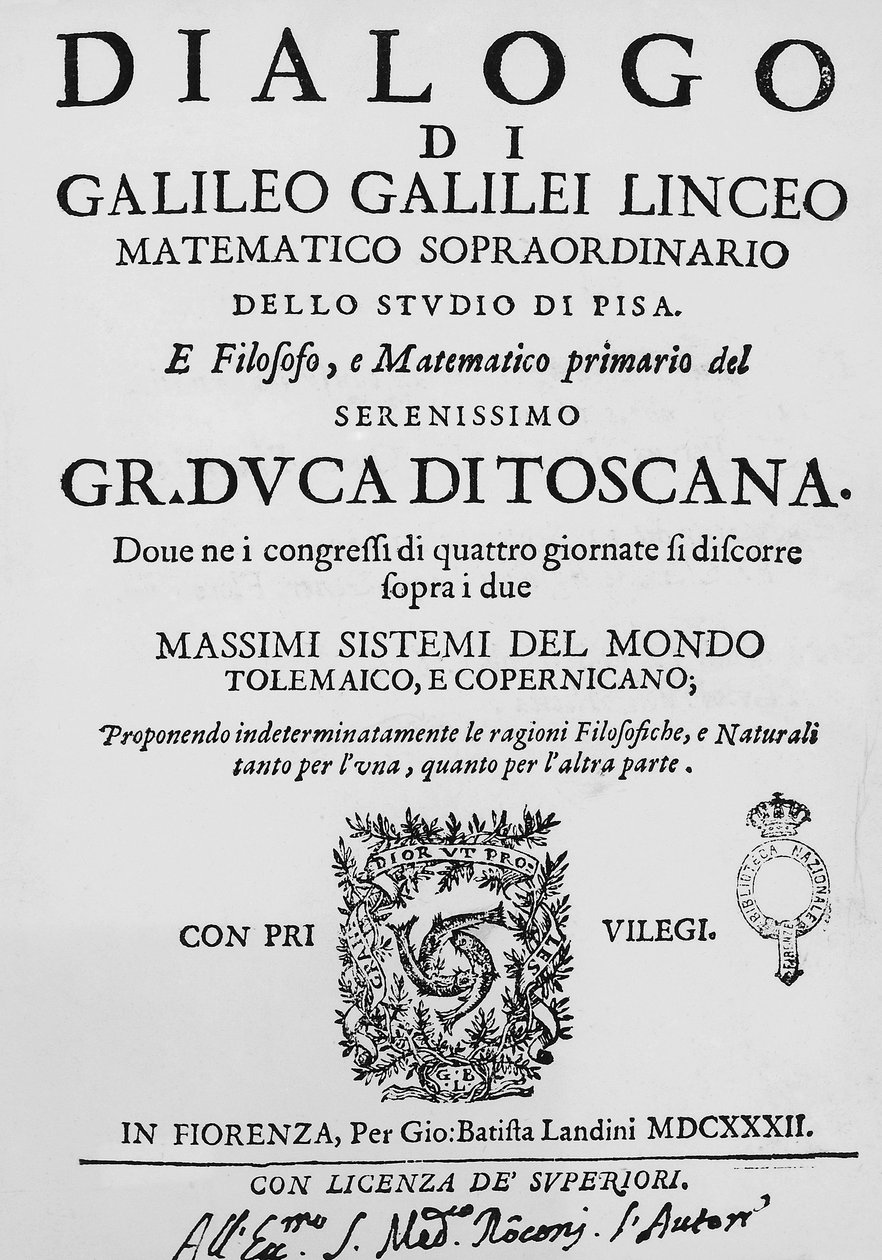 Title page of Dialogue concerning two chief world systems, Ptolemaic and Copernican, by Galileo Galilei, published in Florence in 1632 by Gian Battista Landini by Galileo Galilei