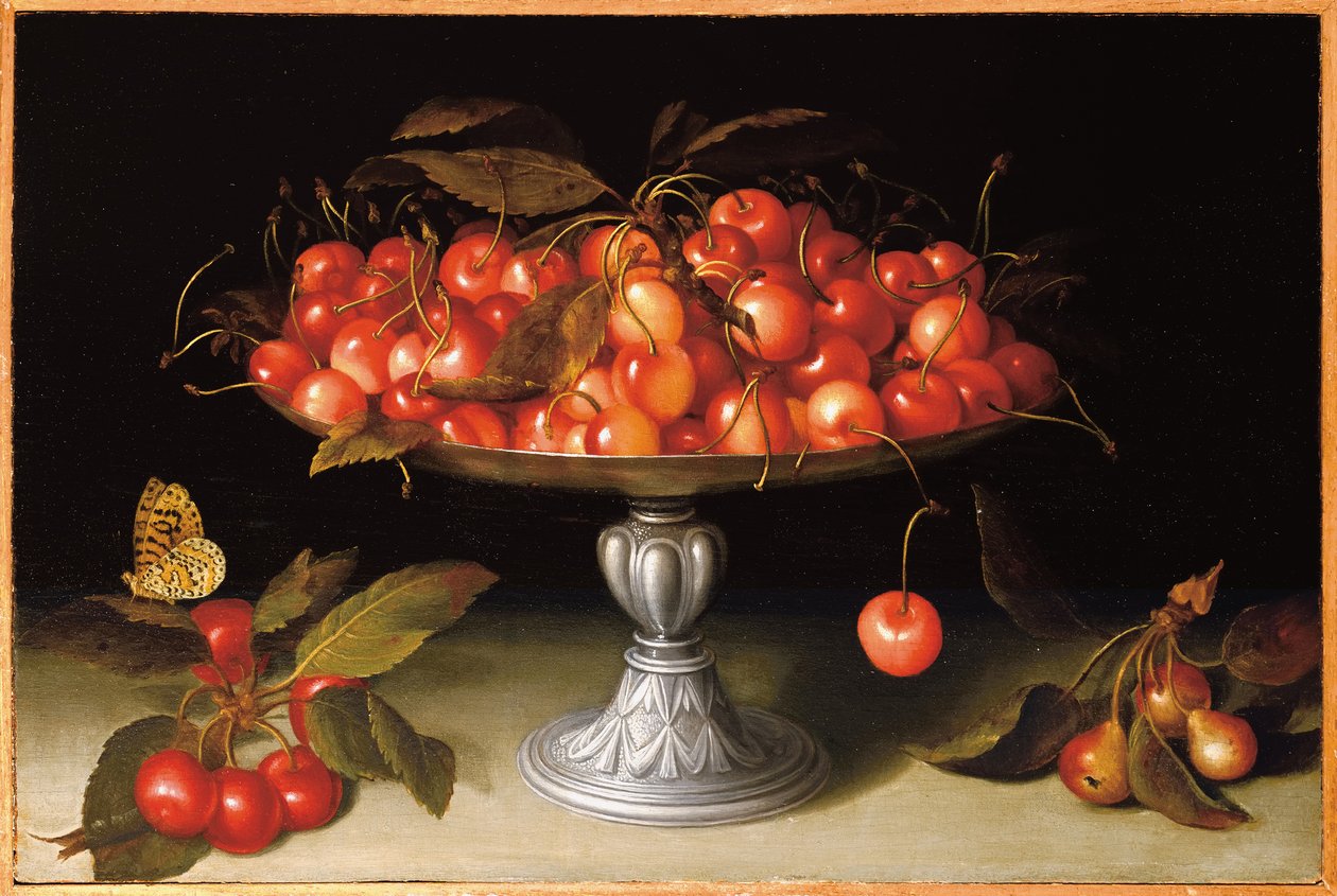 Cherries in a Silver Compote with Crabapples on a Stone Ledge and a Fritillary Butterfly by Galizia Fede