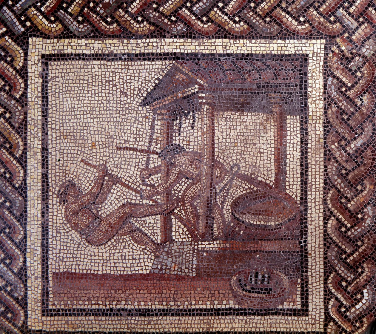 Mosaic paving representing a rustic calendar and an oil press by Gallo Roman