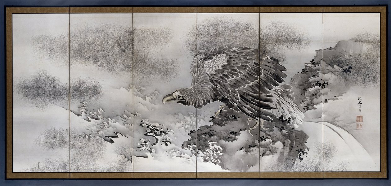 Screen with Sea Eagle along the Coast by Ganryo