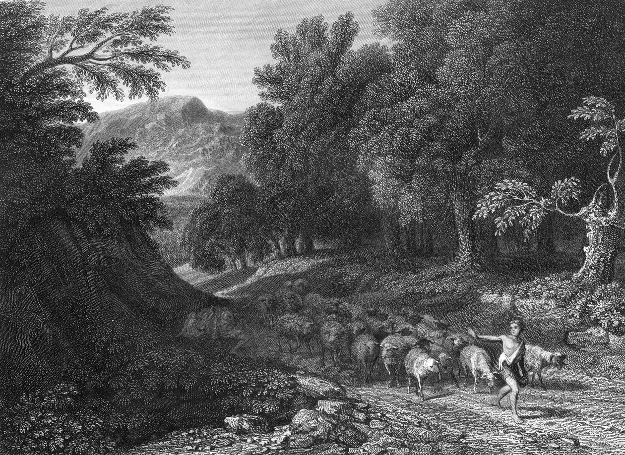 Landscape with shepherd and flock by Gaspard Poussin (after) Dughet