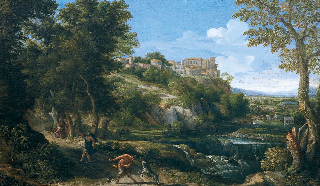 Landscape showing dancing faun and nymph by Gaspard Poussin Dughet