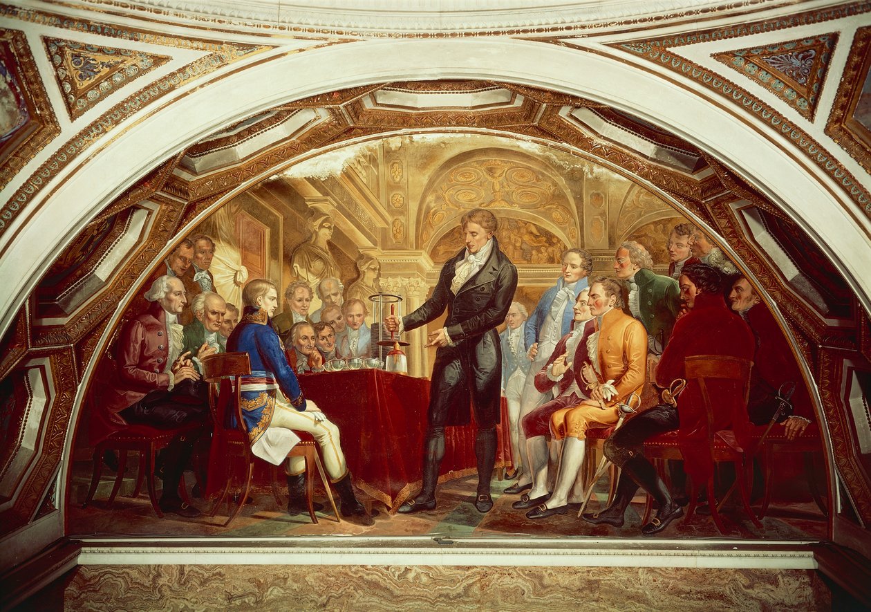 Alessandro Volta (1745-1827) displaying his newly invented battery to Napoleon (1769-1821) at Institut de France in Paris, November 7 by Gaspero Martellini