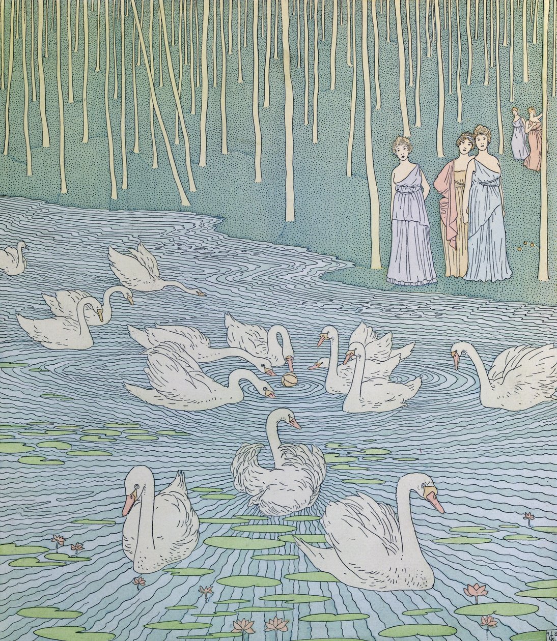 Nausicaa and her companions playing with a ball, illustration from Book 6 of the Odyssey by Gaston de Latenay