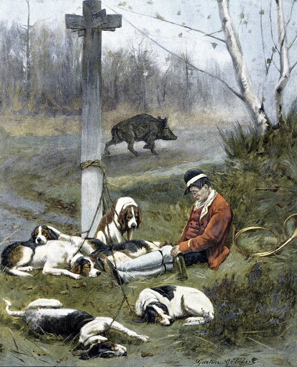 The hunter and his sleepy dogs - engraving by Gaston Gelebert by Gaston Gelibert