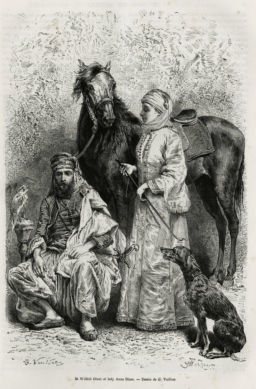 Portraits of Mr.Wilfrid Blunt (1840-1922), poet and writer, and his wife, Lady Anna Blunt (nee King Noel (King Noel) 1837-1917), the first European woman to explore the Middle East, wearing a travel suit, in front of one of the Arab horses in their stables by Gaston Vuillier