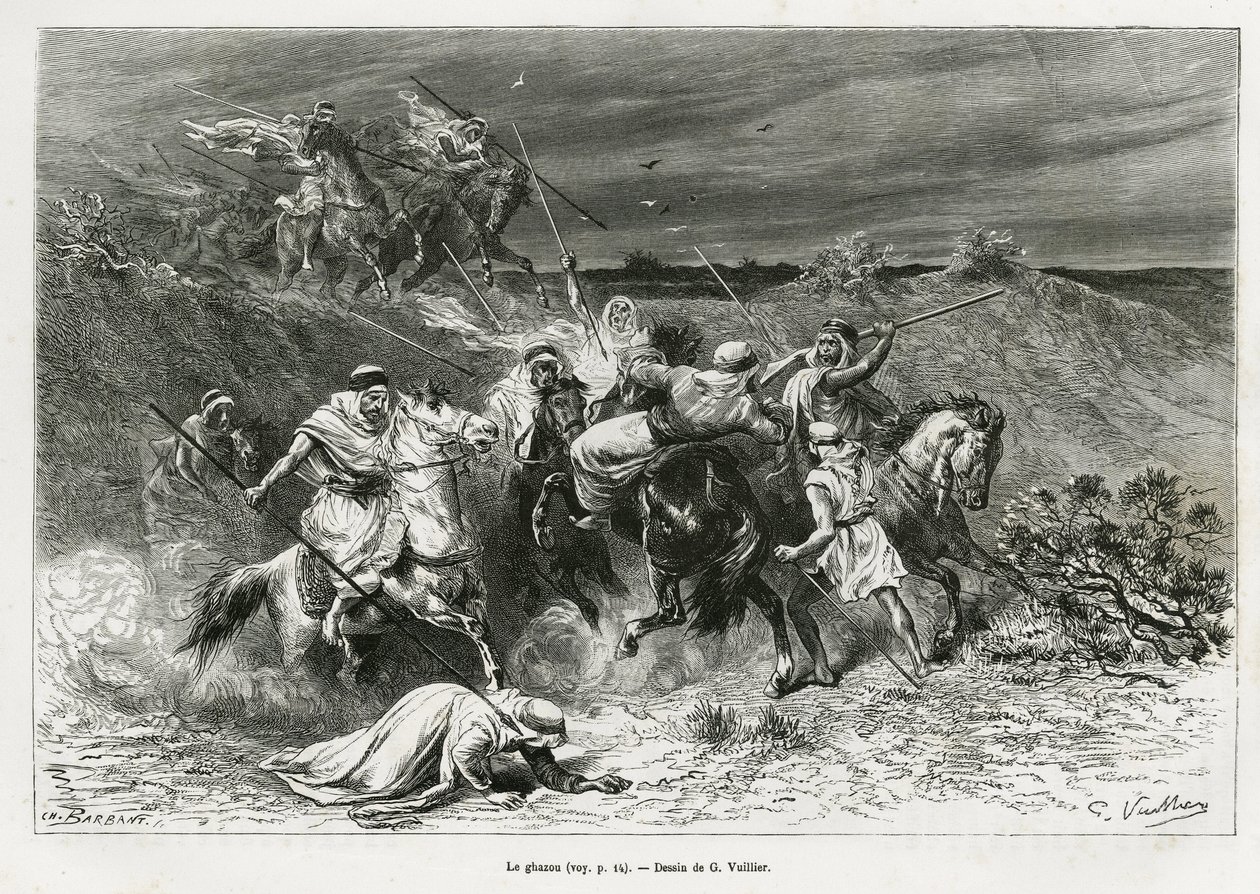 The Ghazou, or razzia, looting with a hand. Engraving by G.Vuillier, to illustrate the story Pelerinage au Nedjed, cradle of the Arab race, by Lady Anna Blunt, in 1878-1879, published in the Tour du monde, under the direction of Edouard Charton (1807-1890) by Gaston Vuillier