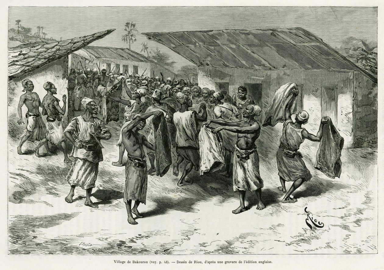 The village of Bakourou, the indigenous people are offered presents for peace negotiations. Engraving by G.Vuillier, to illustrate the story Dans les tenebres de l