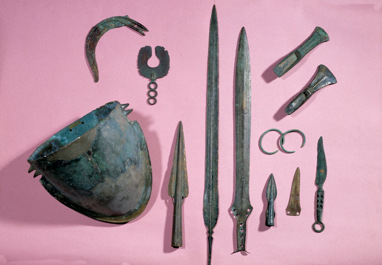 Bronze Helmet, Axe, Sickle, Adornment, Epee, Bracelet, Spike from Theil a Billy sur Loir by Gaulish Gaulish