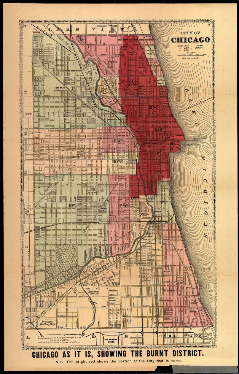 Chicago As It Is, Showing the Burnt District, from History of the Great Fires in Chicago and the West by Gaylord Watson