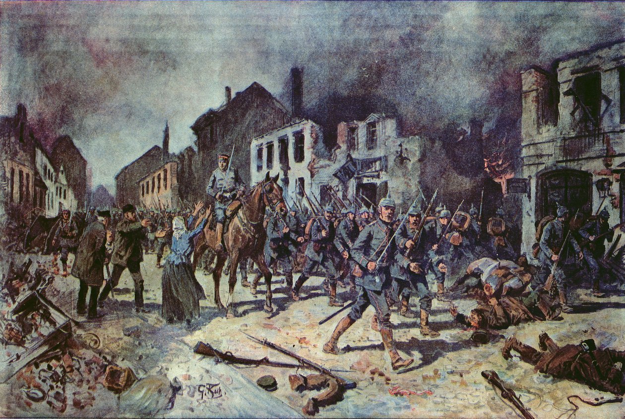 German troops entering the city of Ortelsburg during the battle of Tannenberg, August 1914 by Georg Koch