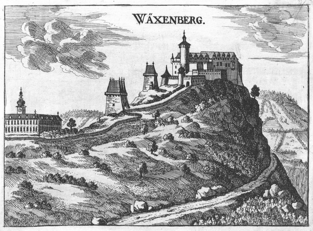 Castle Waxenberg in Upper Austria, drawing from M. Vischer 1674 by Georg Matthaus Vischer