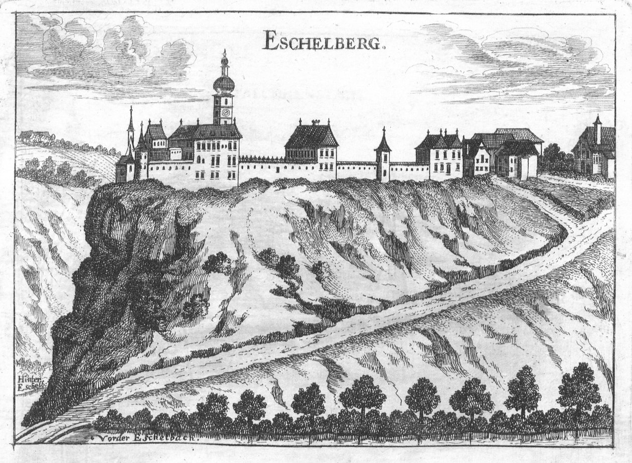 Engraving, View of Eschelberg Castle by Georg Matthäus  Vischer