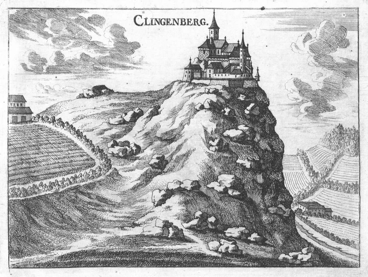 Engraving, View of Klingenberg Castle, Upper Austria by Georg Matthaus Vischer