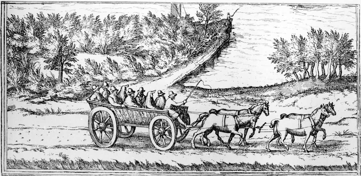 Coach with passengers in France, detail of a map, late 16th century by Georg Braun und Franz Hogenberg