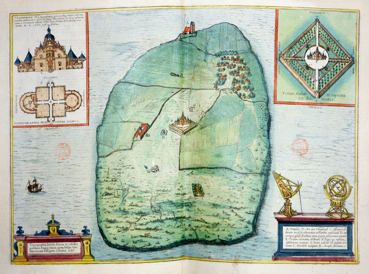 The Castle and Observatory of Uraniborg on the Island of Hven, Denmark, constructed c.1584 by Tycho Brahe, from Urbium Praecipuarum Mundi Theatrum Quintum, published Cologne, 1598 by Georg Braun und Franz Hogenberg