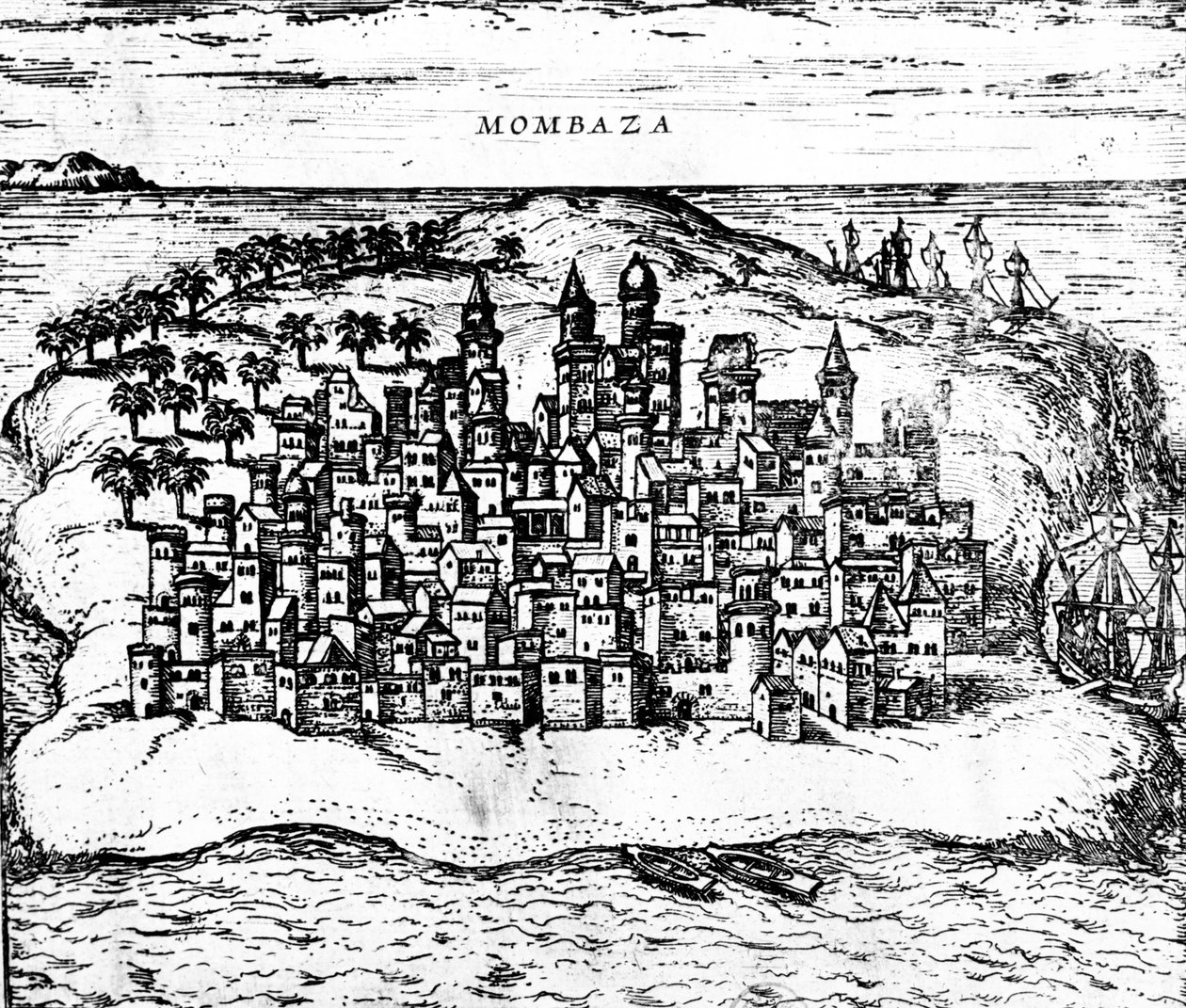View of Mombaza, from Georg Brauns Civitates orbis terrarum (detail) by Georg Braun und Franz Hogenberg
