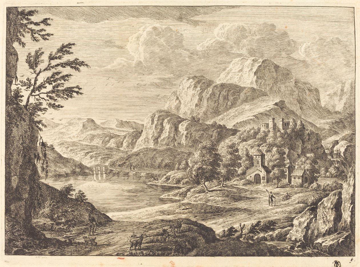 Mountainous Landscape with a Ruined Castle and an Arched Bridge in the Distance by Georg Eisenmann