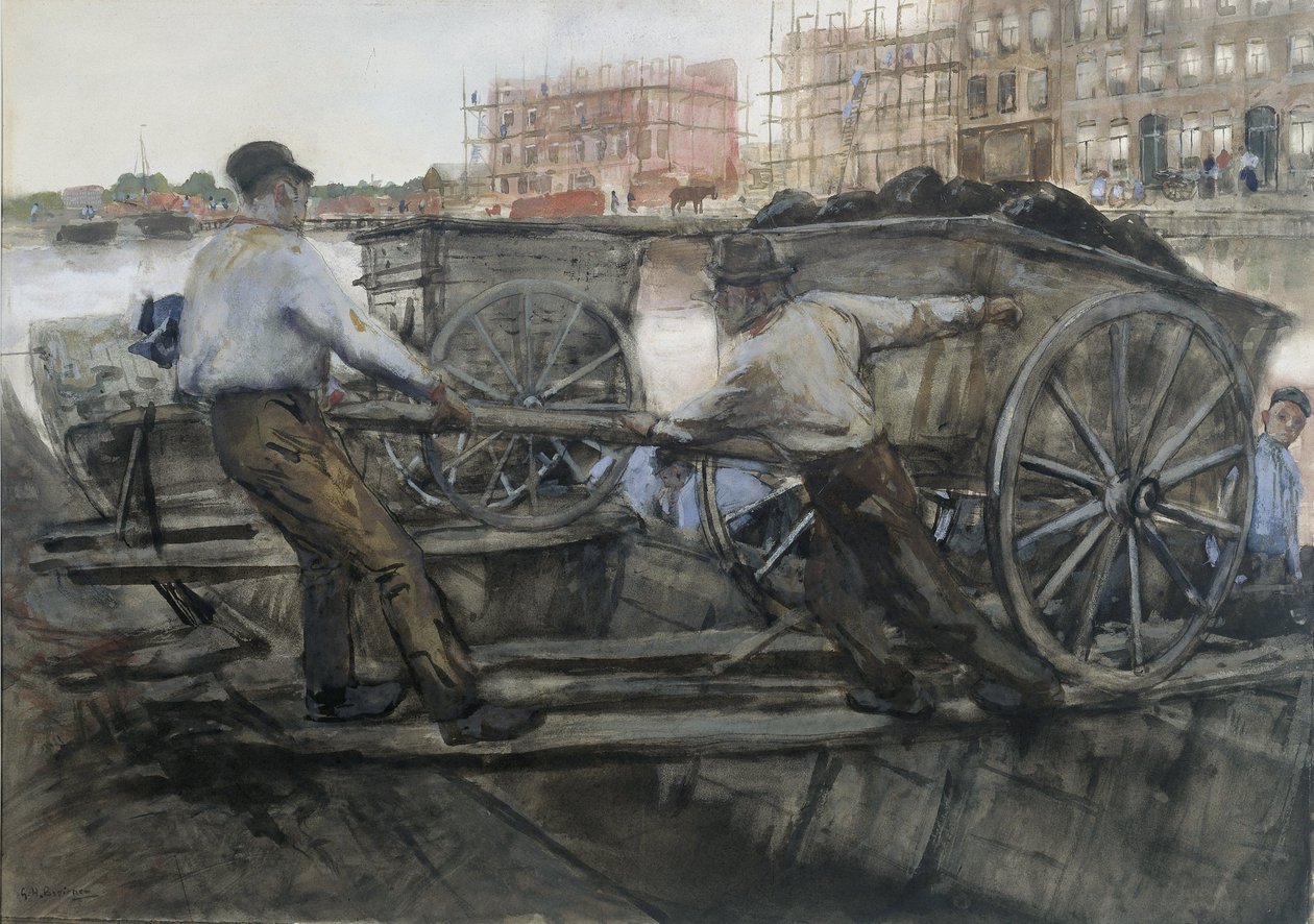Labourers Pulling a Heavily Laden Cart on Jacob van Lennepkade, Amsterdam by George Hendrik Breitner