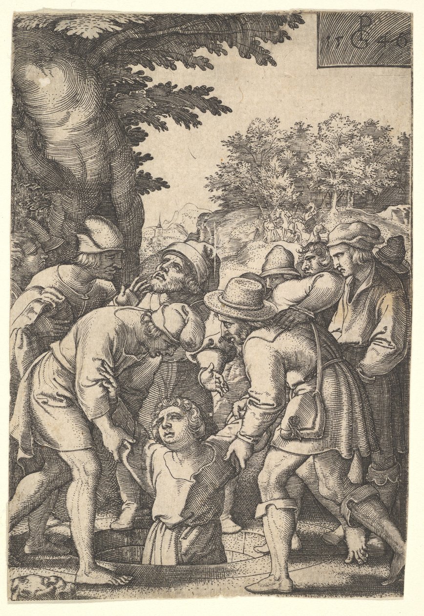 Joseph lowered into a well by his brothers, from the series The Story of Joseph, 1546 by Georg Pencz