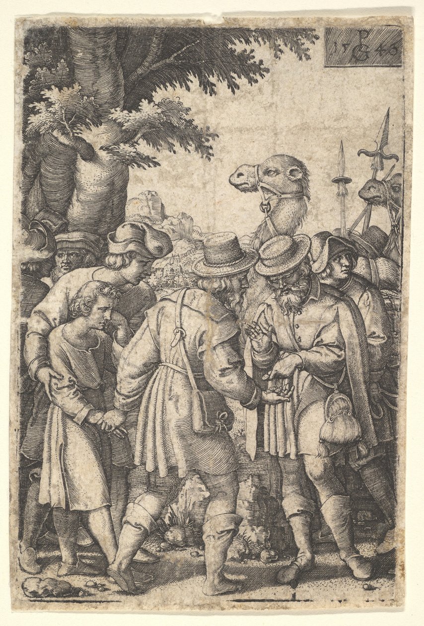 Joseph Sold to the Merchants: A Bearded Man Grasping Joseph with His Left Hand Receives Co... by Georg Pencz