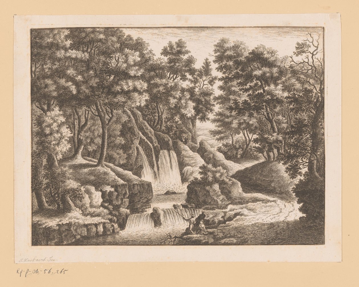 Waterfall in Forest with Two Fishermen in Foreground by Georg Wolfgang Knorr (possibly)
