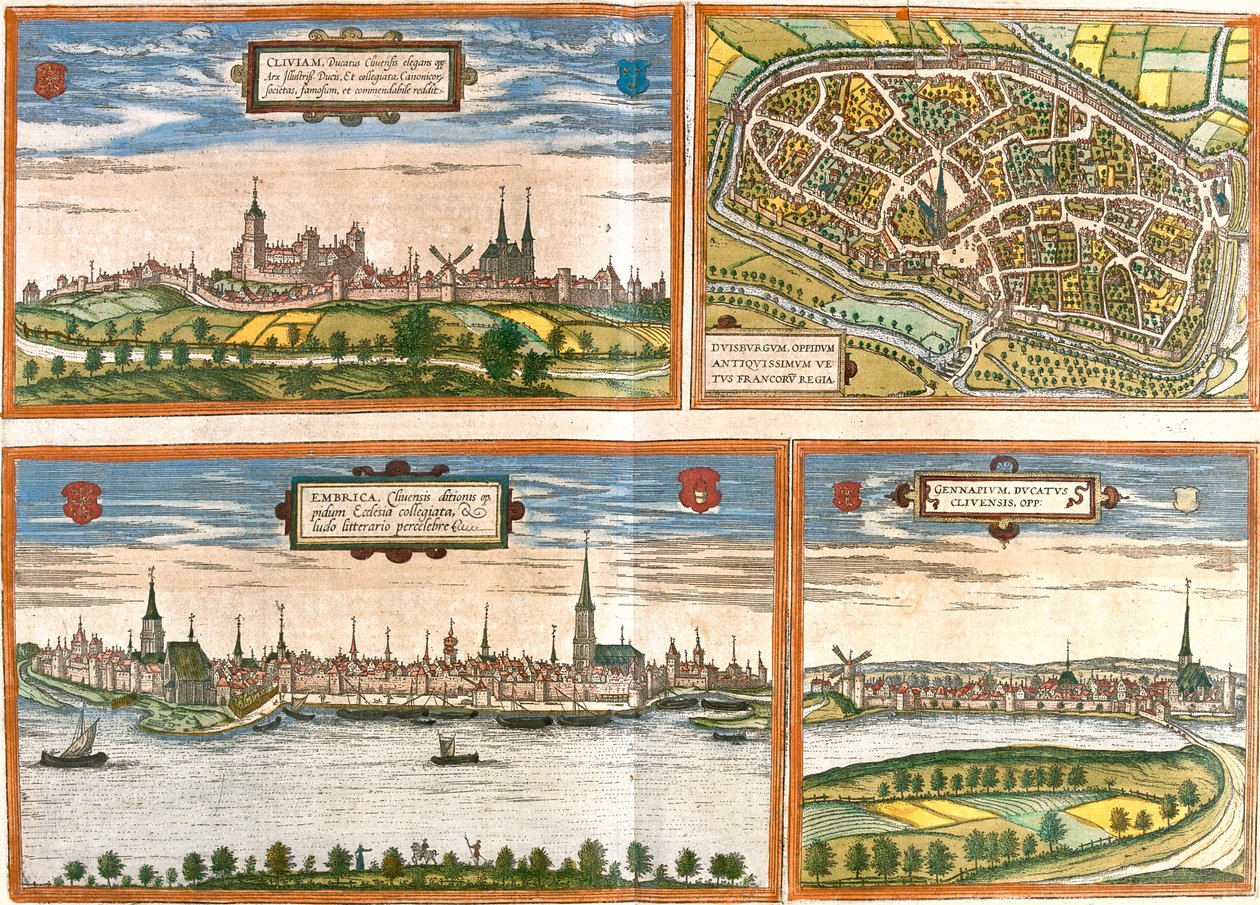 Cleves, Duisburg, Emmerich, Genappe, Germany, Belgium by Georg and Hogenberg Franz (1535 90) Braun