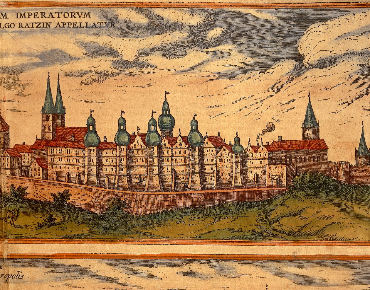 View of the Palace, Color Engraving from Civitates Orbis Terrarum by Georg Braun and Hogenberg Franz