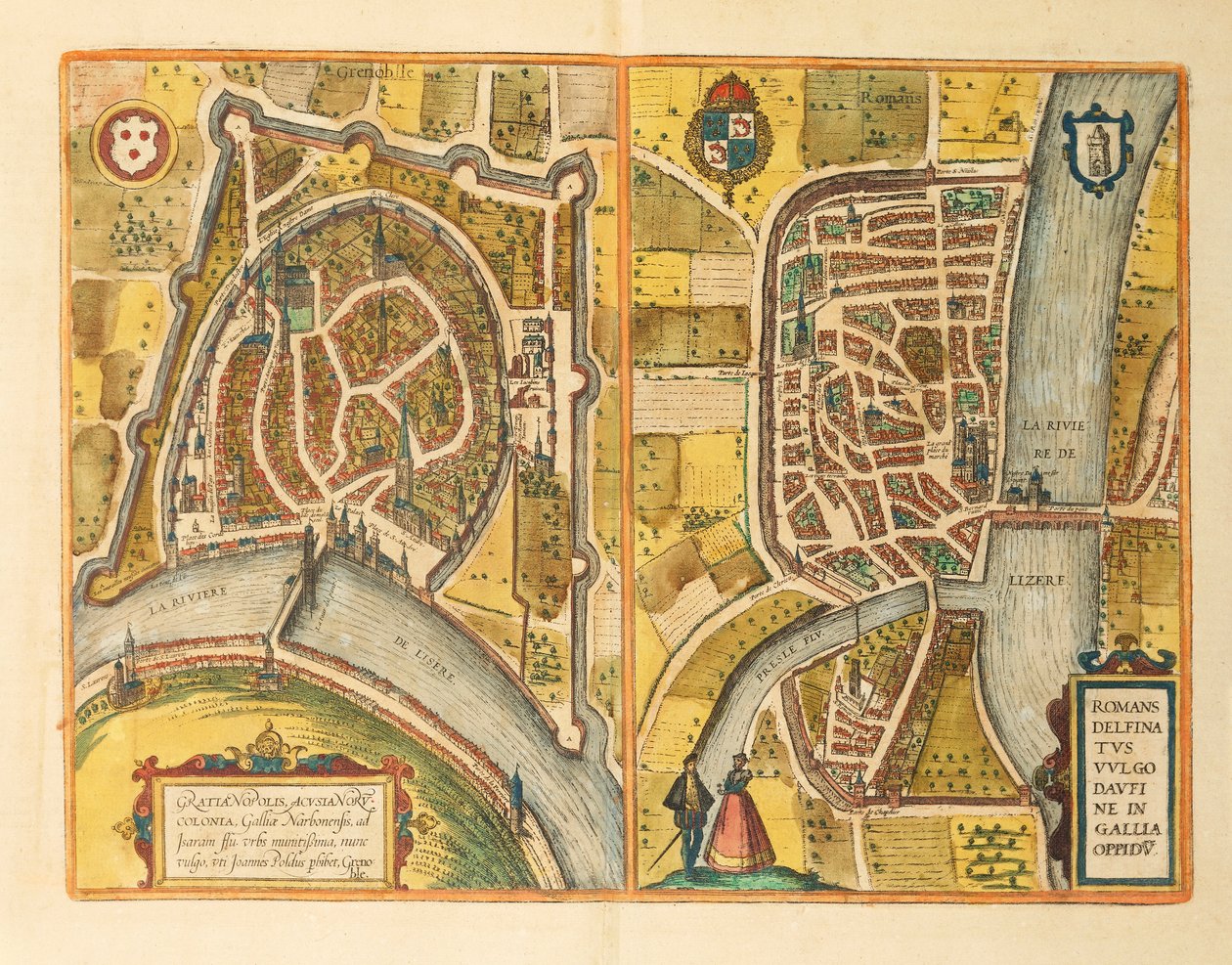 Map of Grenoble and Le Mans by Georg Braun and Hogenberg Franz