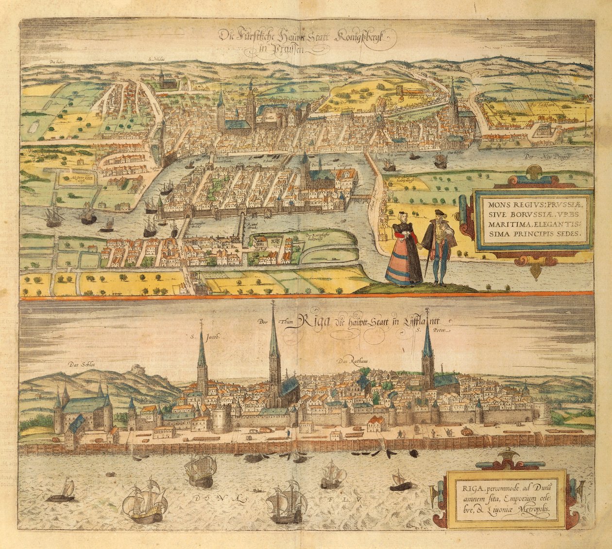 Map of Konigsberg and Riga from Civitates Orbis Terrarum by Georg Braun and Hogenberg Franz