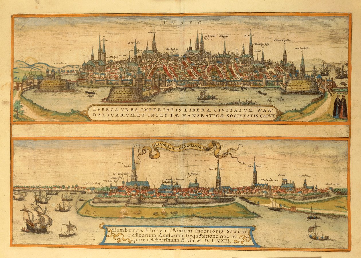 Map of Lubeck and Hamburg from Civitates Orbis Terrarum by Georg Braun and Hogenberg Franz