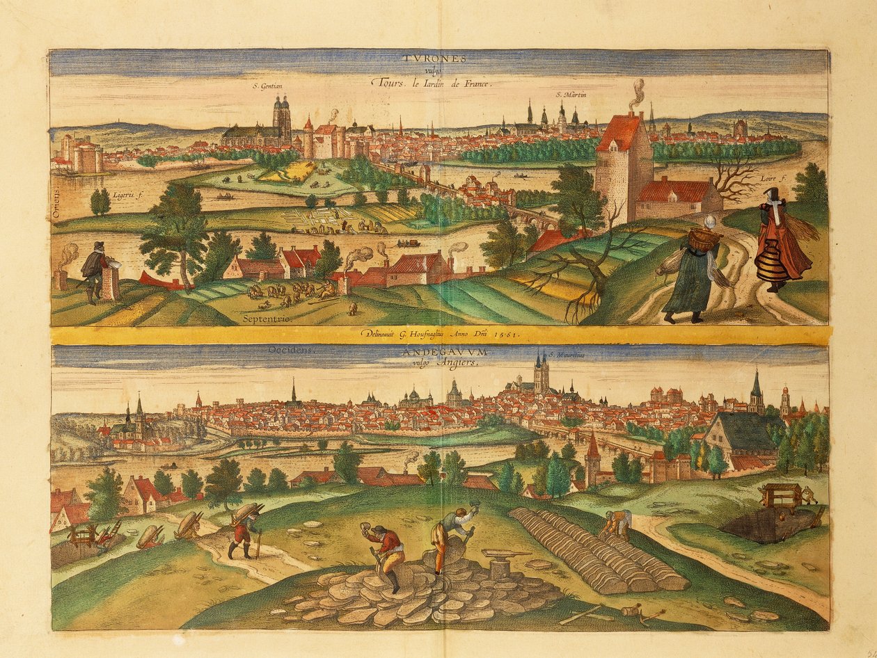 Map of Tours and Angers from Civitates Orbis Terrarum by Georg Braun and Hogenberg Franz