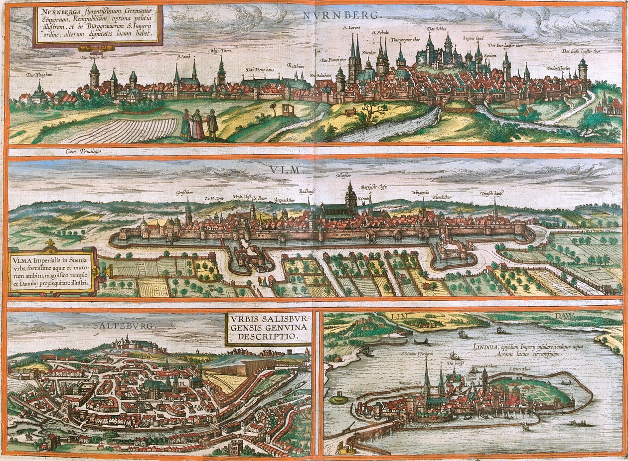 Nuremberg, Ulm, Salzburg, Lindau, Germany, Austria by Georg and Hogenberg Franz (1535 90) Braun