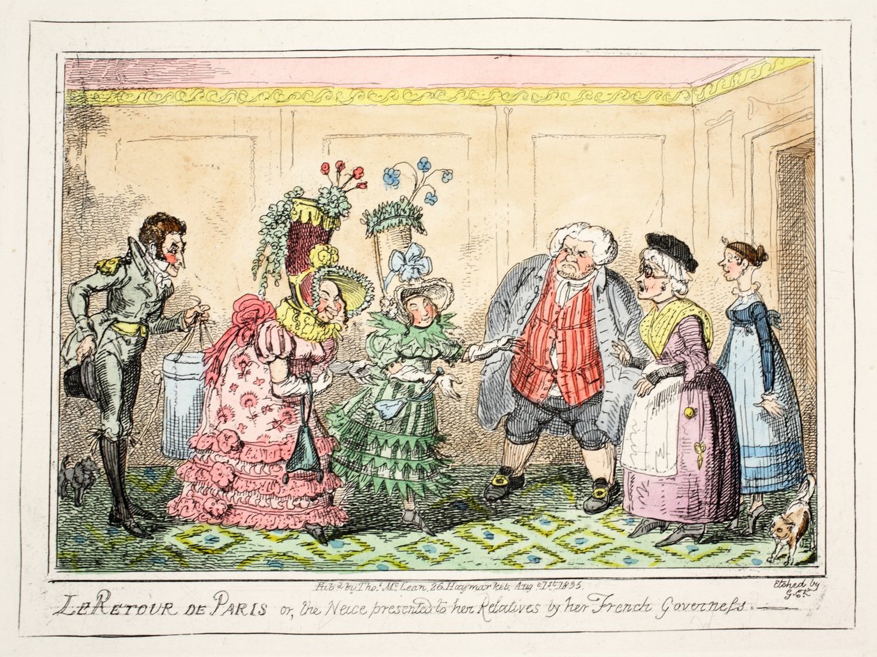 Le Retour de Paris, or, the Niece Presented to her Relatives by her French Governess, pub. 1835 by George Cruikshank