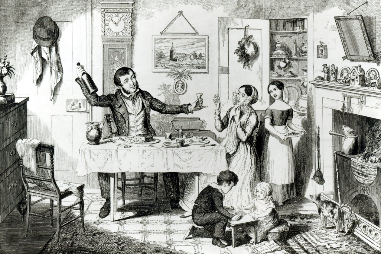 The Bottle, Plate I, The bottle is produced for the first time: the husband induces his wife Just to take a drop, 1847 by George Cruikshank