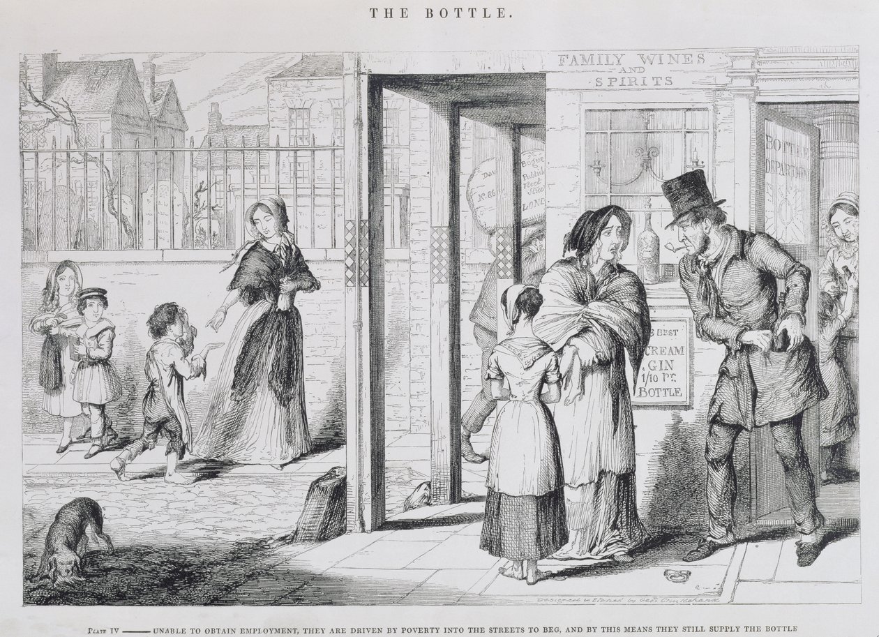 The Bottle, Plate IV, Unable to obtain employment, they are driven by poverty into the streets to beg, and by this means they still supply the bottle by George Cruikshank