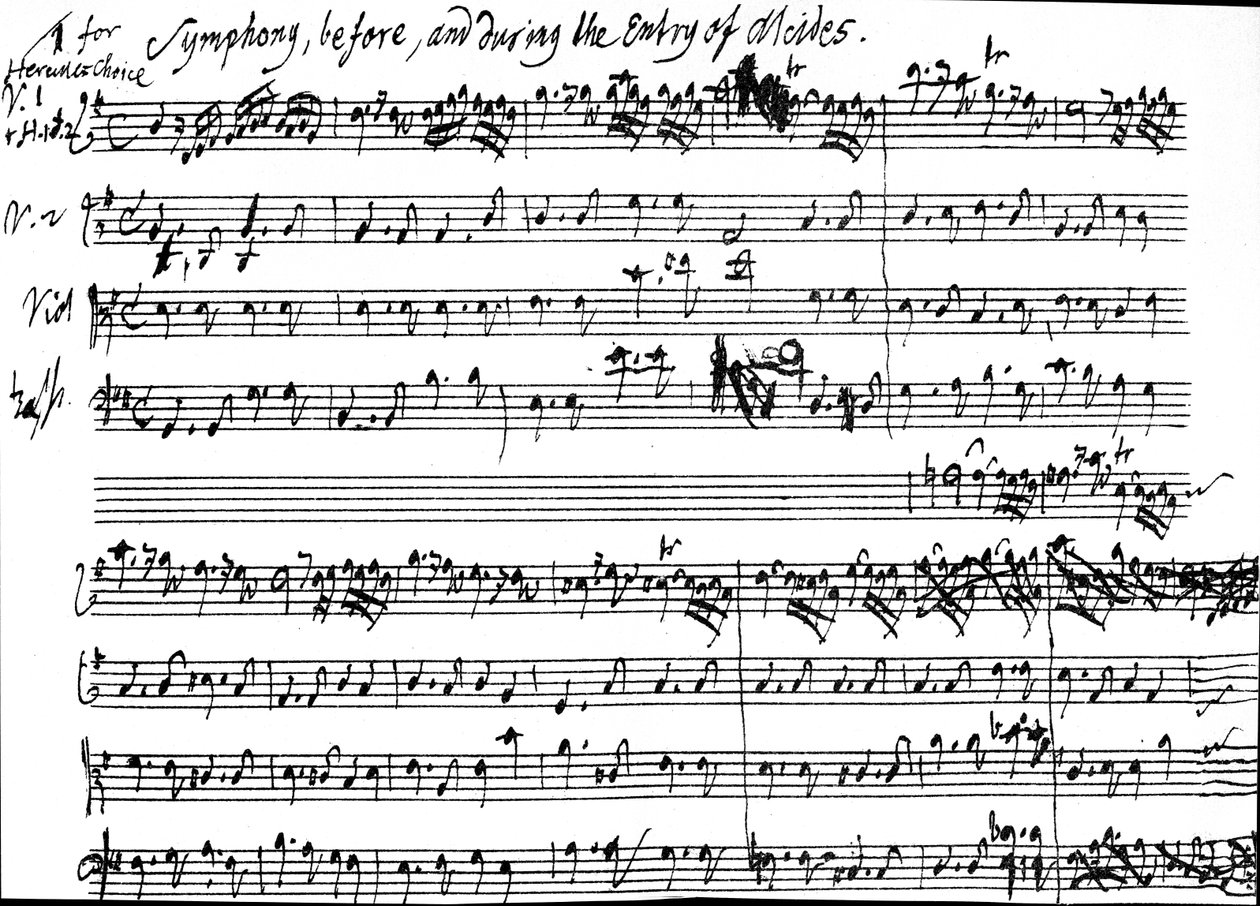 Original score of the beginning of the symphony accompanying the entry of Alcides in Tobias Smollett