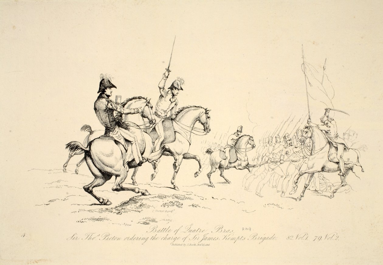 Battle of Quatre Bras: Sir Thomas Picton Ordering the Charge of Sir James Kempts Brigade, pub. J. Booth, 1816 by George Jones